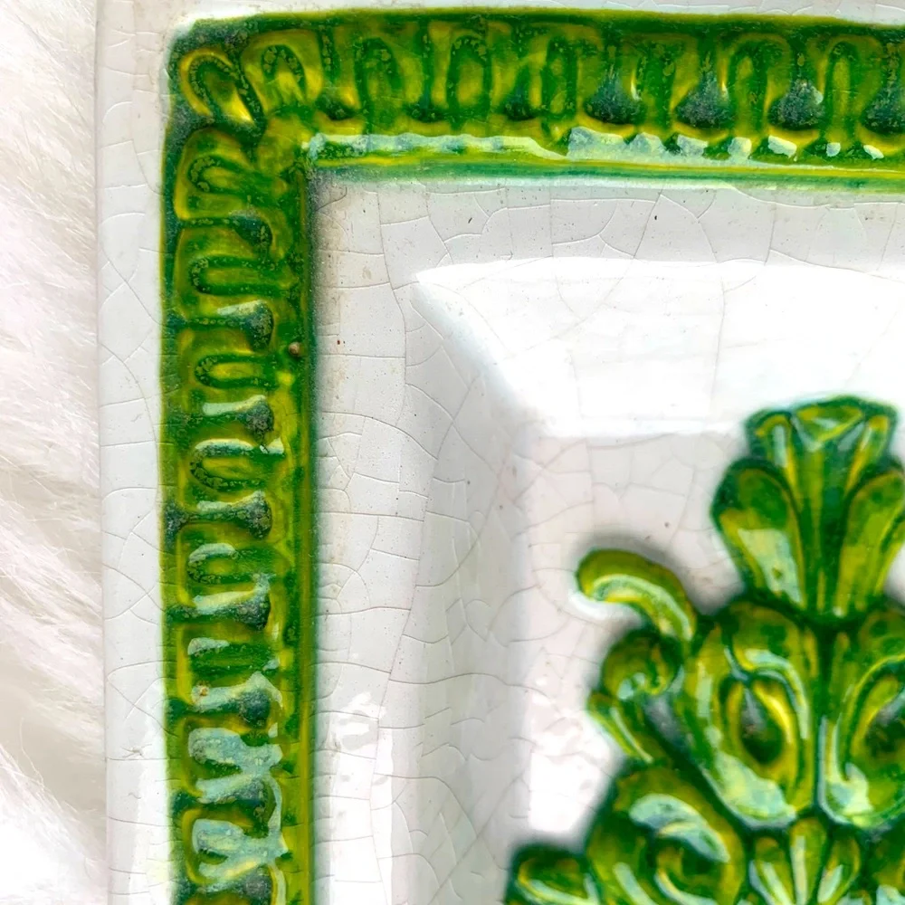 Green and White Decorative MCM Vintage Italian Dish Made In Italy